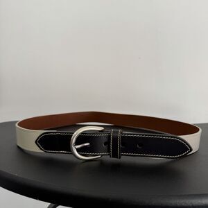 Cole Haan Leather Belt Size 36 Black & Cream Contrast Silver Buckle Pre-Owned